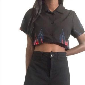 Cropped black flame button up